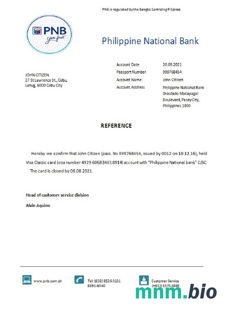 Przykład odniesienia do zamknięcia PNB na Filipinach w formatach Word i PDF